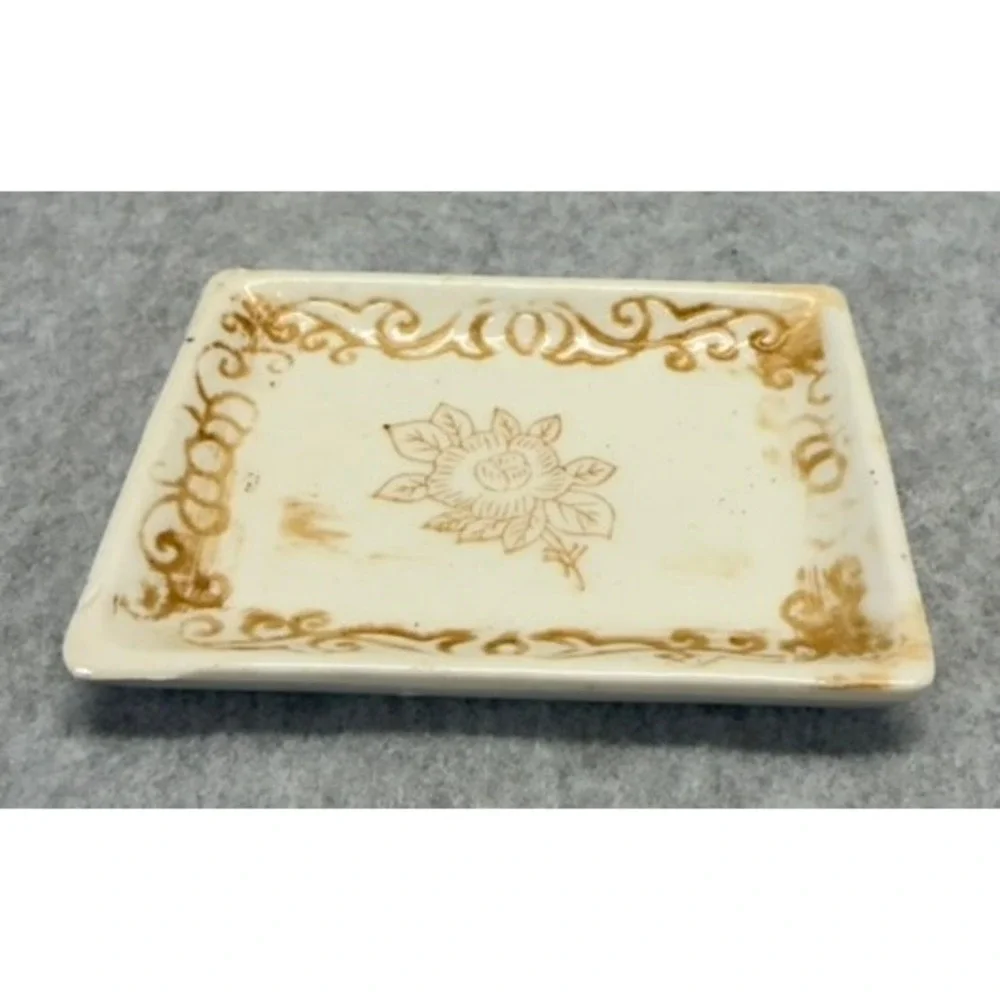 Vintage Made in Japan Ceramic Trinket Dish Brown Rose Floral Jewelry Tray Cream